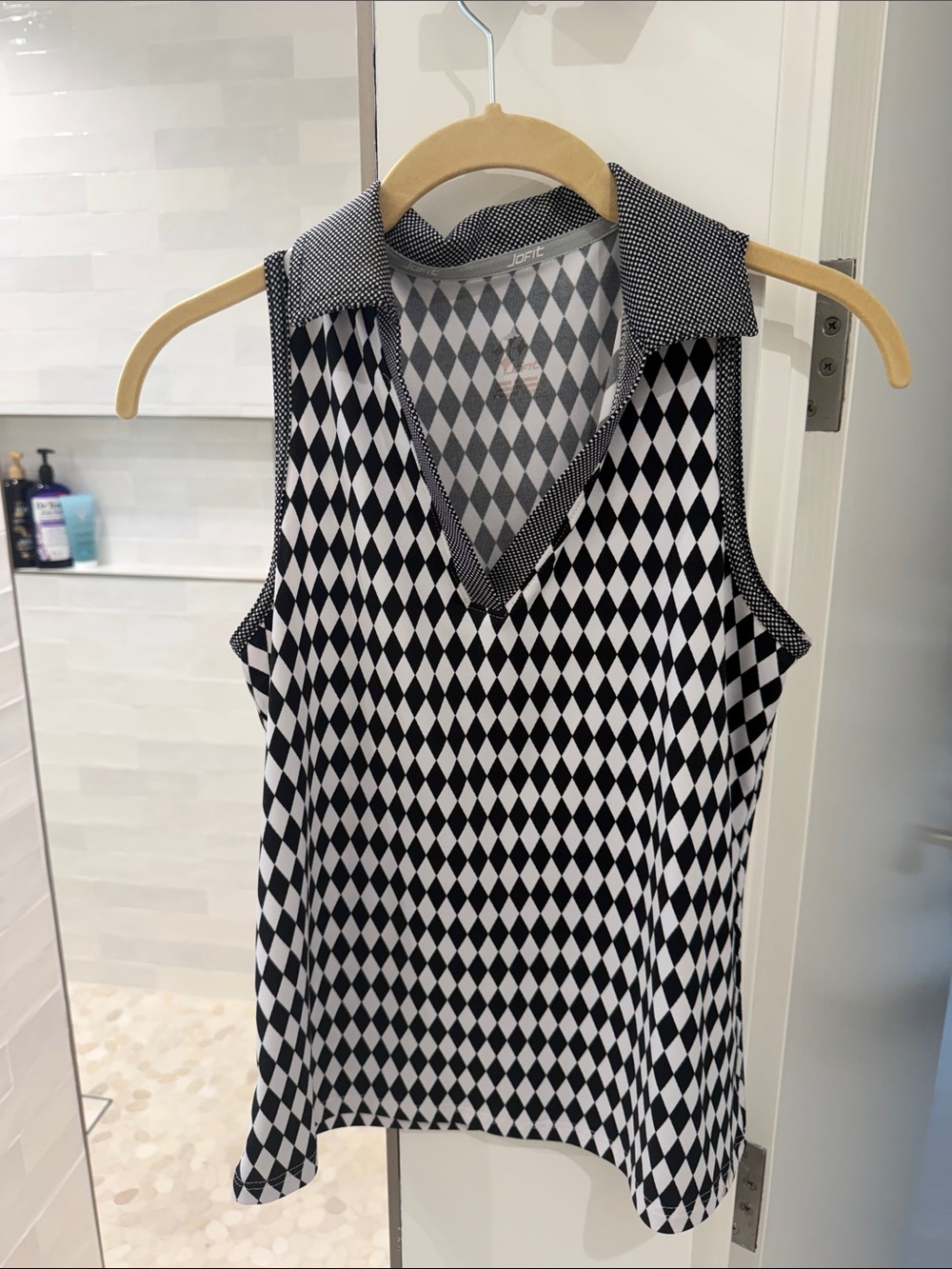 JoFit Sleeveless Black & White Diamond Print Collared Golf Shirt